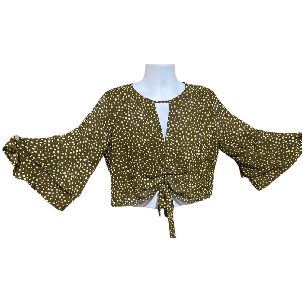 Y2K Babydoll Top Polka Dot XL Sheer Blouse Flared Sleeves Tie Front
